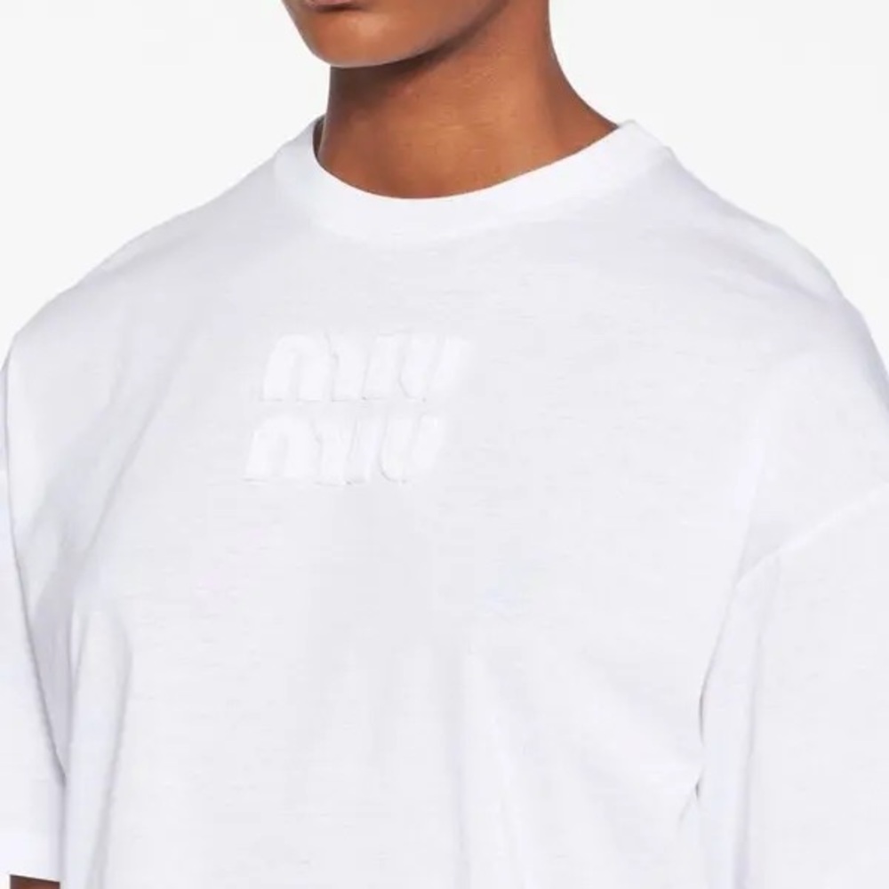 Miu Miu White Short Sleeve Crewneck Tee with Embossed Logo